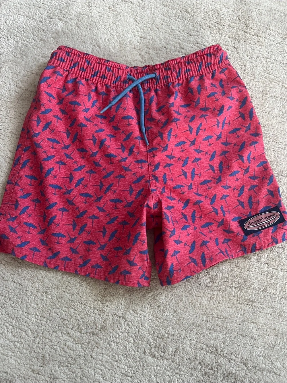Vineyard Vines Kids Hot Pink Swim Trunks with Blue Shark Print